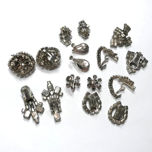 Vintage Estate Large Clear White Rhinestone Clip On Earring Bundle Lot 8 Pairs - Picture 8 of 11